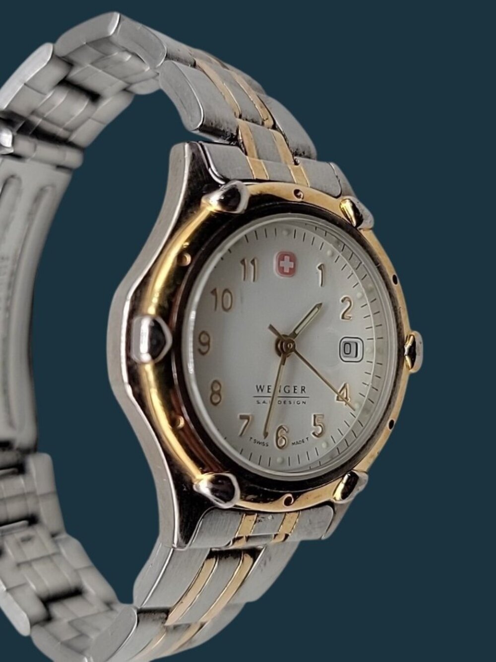 Vtg Wenger SAK Design Ladies Watch Two Tone Date White Dial 100M Water Res 29mm - Picture 14 of 15